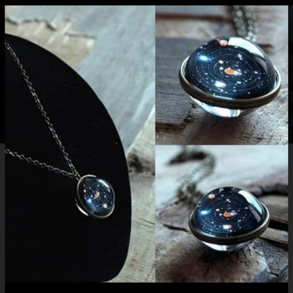 New Double Sided Glass Crystal Ball Solar System Universe Necklace.